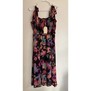 Jodifl Dress Womens Large Black Pink Floral Chiffon Smocked Midi Tie Strap Fem